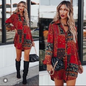 ZYLA MIX PRINT SATIN BUTTON DOWN SHIRT DRESS